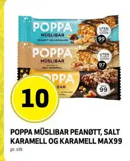 Bunnpris POPPA MÜSLIBAR PEANØTT, SALT KARAMELL OG KARAMELL MAX99 tilbud