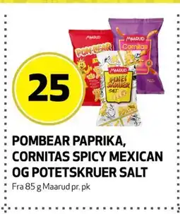 Bunnpris Pombear Paprika, Cornitas Spicy Mexican og Potetskruer Salt tilbud
