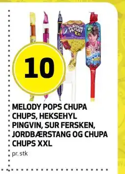 Bunnpris MELODY POPS CHUPA CHUPS, HEKSEHYL PINGVIN, SUR FERSKEN, JORDBÆRSTANG OG CHUPS XXL tilbud