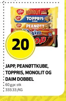 Bunnpris JAPP, PEANØTTKUBE, TOPPRIS, MONOLIT OG DAIM DOBBEL tilbud