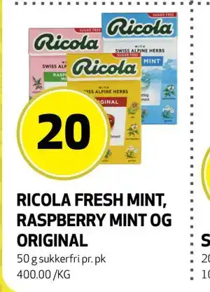 Bunnpris RICOLA FRESH MINT, RASPBERRY MINT OG ORIGINAL tilbud