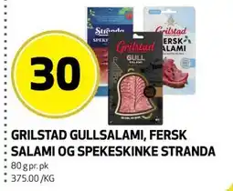 Bunnpris GRILSTAD GULLSALAMI, FERSK SALAMI OG SPEKESKINKE STRANDA tilbud