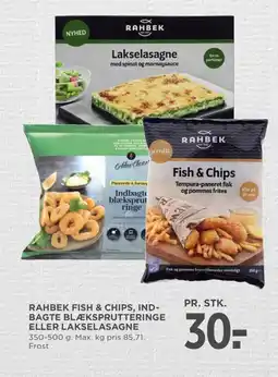 Meny Rahbek fish & chips, ind- bagte blæksprutteringe eller lakselasagne tilbud