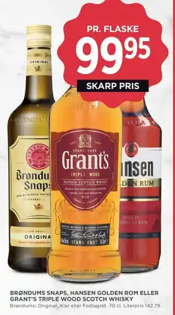Meny Brøndums snaps, hansen golden rom eller grant's triple wood scotch whisky tilbud