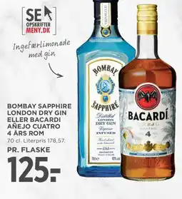 Meny Bombay sapphire london dry gin eller bacardi añejo cuatro 4 års rom tilbud
