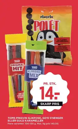 Meny Toms pingvin slikpose, go'e stænger eller guld karameller tilbud