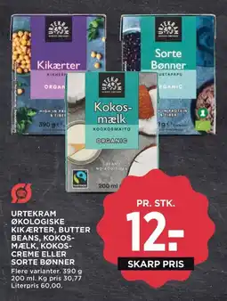 Meny Urtekram økologiske kikærter, butter beans, kokos- mælk, kokos- creme eller sorte bønner tilbud