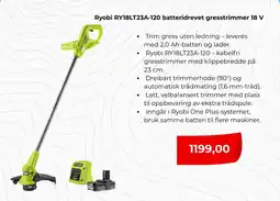 Clas Ohlson Ryobi RY18LT23A-120 batteridrevet gresstrimmer 18 V tilbud