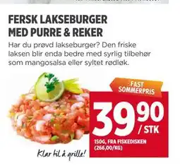 Meny FERSK LAKSEBURGER MED PURRE & REKER tilbud