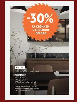30% PÅ KJØKKEN, GARDEROBE OG BAD