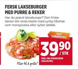 Meny FERSK LAKSEBURGER MED PURRE & REKER tilbud