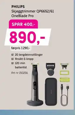 ELON PHILIPS Skjeggtrimmer QP6652/61 OneBlade Pro., Medlemspris tilbud