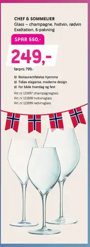 ELON CHEF & SOMMELIER Glass – champagne, hvitvin, rødvin Exaltation, 6-pakning., Medlemspris tilbud