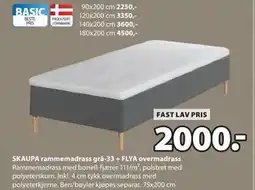 JYSK SKAUPA rammemadrass grå-33 + FLYA overmadrass tilbud