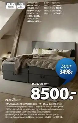 JYSK HOLMELVA kontinentalseng grå-40 + EKSO overmadrass tilbud