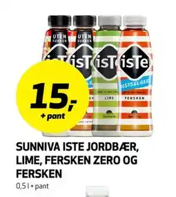 Bunnpris SUNNIVA ISTE JORDBÆR, LIME, FERSKEN ZERO OG FERSKEN tilbud