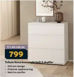 Megaflis Tvilum Nova kommode hvit 3 skuffer tilbud