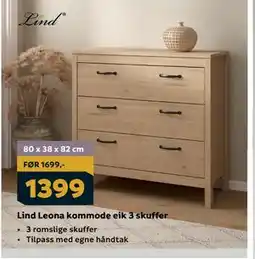 Megaflis Lind Leona kommode eik 3 skuffer tilbud