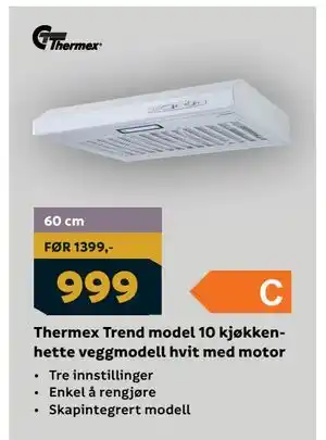 Megaflis Thermex Trend model 10 kjøkkenhette veggmodell hvit med motor tilbud