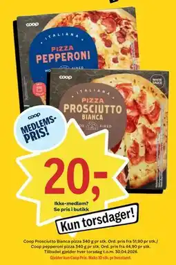 Coop Prix Coop Prosciutto Bianca pizza 340 g, Coop pepperoni pizza 340 g, Medlemspris tilbud