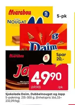 Rusta Sjokolade Daim, Dubbelnougat og Japp tilbud