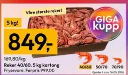 Gigaboks Reker 40/60. 5 kg kartong tilbud