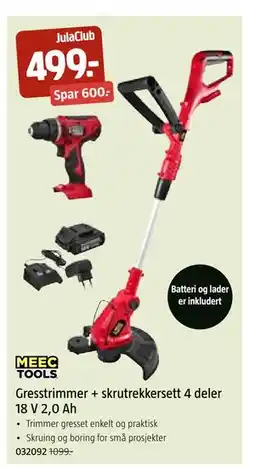 Jula Gresstrimmer + skrutrekkersett 4 deler 18 V 2,0 Ah, Medlemspris tilbud