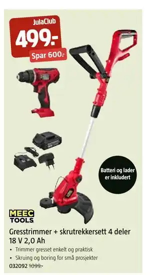 Gresstrimmer + skrutrekkersett 4 deler 18 V 2,0 Ah, Medlemspris