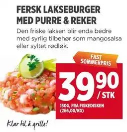 Meny FERSK LAKSEBURGER MED PURRE & REKER tilbud