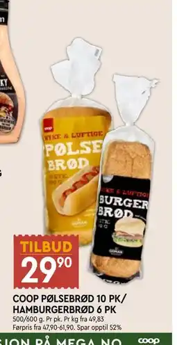 Coop Mega COOP PØLSEBRØD 10 PK/ HAMBURGERBRØD 6 PK tilbud