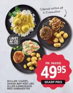 Meny Boller i karry, dansk bøf med løg eller karbonade med grønærter tilbud