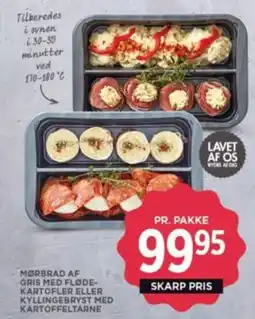 Meny Mørbrad af gris med fløde- kartofler eller kyllingebryst med kartoffeltarne tilbud