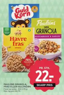 Meny Pauluns granola, fras eller guldkorn tilbud