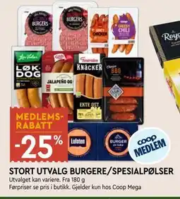 Coop Mega STORT UTVALG BURGERE/SPESIALPØLSER tilbud