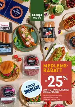 Coop Mega STORT UTVALG BURGERE/ SPESIALPØLSER tilbud