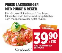 Meny FERSK LAKSEBURGER MED PURRE & REKER tilbud