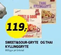 Bunnpris GRILSTAD Sweet&sour-gryte og thai kyllinggryte tilbud