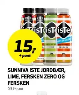 Bunnpris Sunniva iste jordbær, lime, fersken zero og fersken tilbud