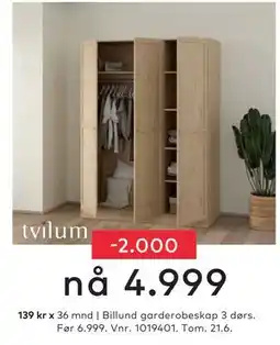 Skeidar Billund garderobeskap 3 dørs tilbud