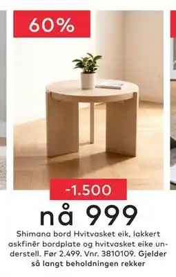 Skeidar Shimana bord Hvitvasket eik tilbud
