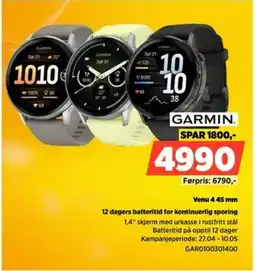 POWER GARMIN. Venu 4.45 mm 12 dagers batteritid for kontinuerlig sporing tilbud