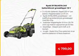Clas Ohlson Ryobi RY18LM37A-240 batteridrevet gressklipper 18 V tilbud