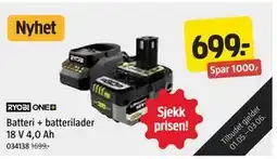 Jula Batteri + batterilader 18 V 4,0 Ah tilbud