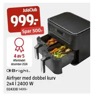 Jula Airfryer med dobbel kurv 2x4 l 2400 W, Medlemspris tilbud