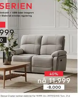 Skeidar Denver 2-seter recliner elektrisk tilbud