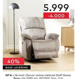 Skeidar Denver recliner elektrisk Stoff Slowly Beige tilbud