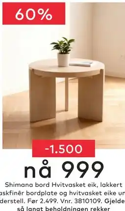 Skeidar Shimana bord Hvitvasket eik tilbud