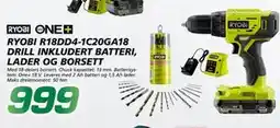Coop Byggmix RYOBI R18DD4-1C20GA18 DRILL INKLUDERT BATTERI, LADER OG BORSETT tilbud