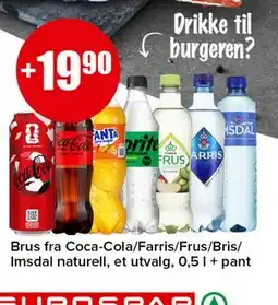 Spar Brus fra Coca-Cola/Farris/Frus/Bris/Imsdal naturell et utvalg, 0,5 l + pant tilbud