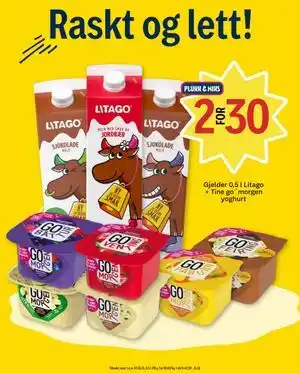 Coop Prix 0,5 l Litago + Tine go´morgen yoghurt tilbud